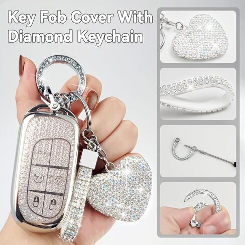 Key Fob Cover with Diamond Bling Keychain for Women, Compatible with Jeep Grand Cherokee Renegade in Saudi Arabia