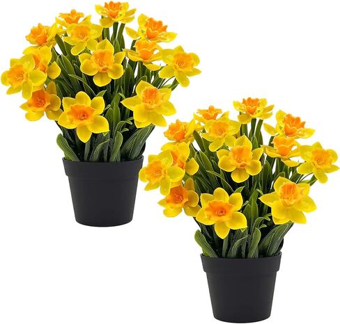 SNAIL GARDEN 2PCS Artificial Daffodils in Black Pot,9.8" Realistic Artificial Flowers in Pot,Artificial Spring Flowers for Home, Office, Wedding, Party, Easter Decor Indoor in Saudi Arabia