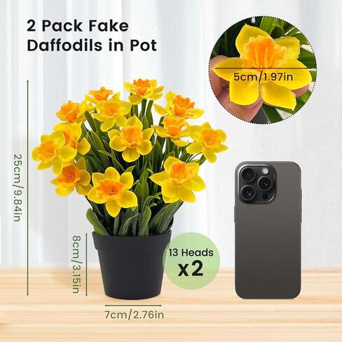 SNAIL GARDEN 2PCS Artificial Daffodils in Black Pot,9.8" Realistic Artificial Flowers in Pot,Artificial Spring Flowers for Home, Office, Wedding, Party, Easter Decor Indoor in Saudi Arabia