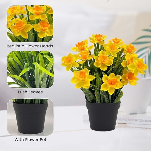 SNAIL GARDEN 2PCS Artificial Daffodils in Black Pot,9.8" Realistic Artificial Flowers in Pot,Artificial Spring Flowers for Home, Office, Wedding, Party, Easter Decor Indoor in Saudi Arabia