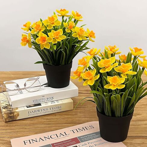 SNAIL GARDEN 2PCS Artificial Daffodils in Black Pot,9.8" Realistic Artificial Flowers in Pot,Artificial Spring Flowers for Home, Office, Wedding, Party, Easter Decor Indoor in Saudi Arabia
