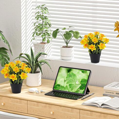 SNAIL GARDEN 2PCS Artificial Daffodils in Black Pot,9.8" Realistic Artificial Flowers in Pot,Artificial Spring Flowers for Home, Office, Wedding, Party, Easter Decor Indoor in Saudi Arabia