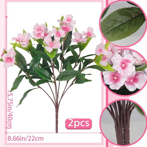 قطعتان من زهور Impatiens الاصطناعية للأماكن الخارجية زهرة الحرير خارج المنزل مقاومة للأشعة فوق البنفسجية زهور وهمية نباتات شجيرات وردية صناعية للمزارعين في الهواء الطلق والشرفة الأمامية وفناء الحديقة والشرفة in Kuwait