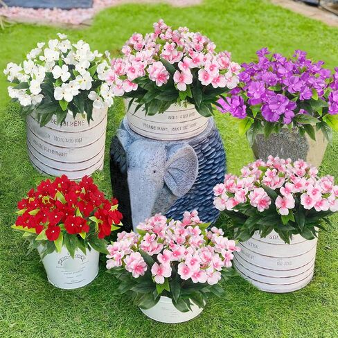 قطعتان من زهور Impatiens الاصطناعية للأماكن الخارجية زهرة الحرير خارج المنزل مقاومة للأشعة فوق البنفسجية زهور وهمية نباتات شجيرات وردية صناعية للمزارعين في الهواء الطلق والشرفة الأمامية وفناء الحديقة والشرفة in Kuwait