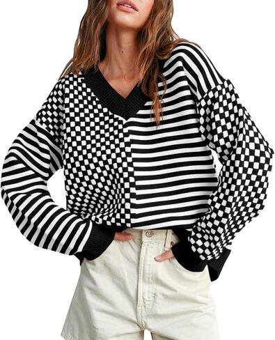 Women's Sweater Pullover Tops Knit V Neck Striped Checkered Winter Spring Long Sleeve Casual Fashion 2026 Lightweight Clothes in Saudi Arabia