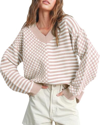 Women's Sweater Pullover Tops Knit V Neck Striped Checkered Winter Spring Long Sleeve Casual Fashion 2026 Lightweight Clothes in Saudi Arabia