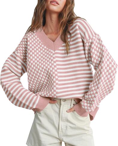 Women's Sweater Pullover Tops Knit V Neck Striped Checkered Winter Spring Long Sleeve Casual Fashion 2026 Lightweight Clothes in Saudi Arabia