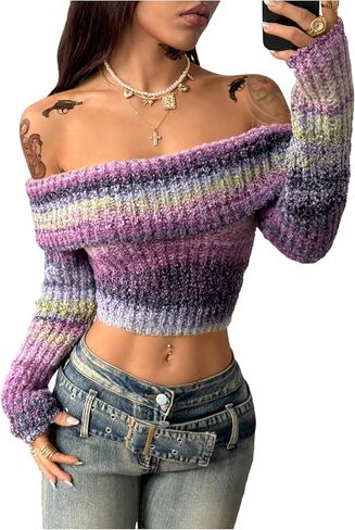 MakeMeChic Women's Striped Sweater Off Shoulder Long Sleeve Fitted Y2k Pullover Crop Tops Purple Large in Saudi Arabia