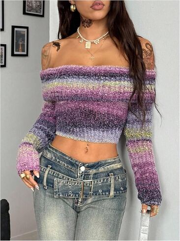 MakeMeChic Women's Striped Sweater Off Shoulder Long Sleeve Fitted Y2k Pullover Crop Tops Purple Large in Saudi Arabia