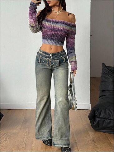MakeMeChic Women's Striped Sweater Off Shoulder Long Sleeve Fitted Y2k Pullover Crop Tops Purple Large in Saudi Arabia