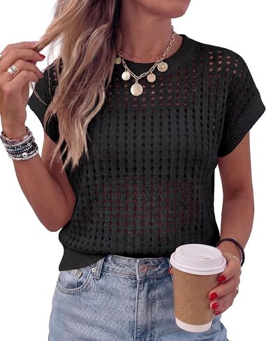Womens Sweater Vest 2026 Spring Summer Cap Sleeve Crew Neck Crochet Tops Casual Loose Hollow Out Knit Sweaters in Saudi Arabia