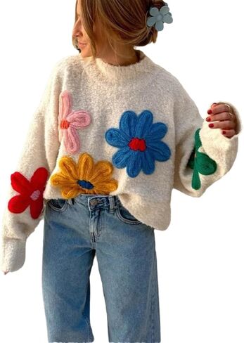 Women's Flowers Knit Sweaters Y2K Floral Print Turtleneck Long Sleeved Warm Loose Pullover Tops in Kuwait