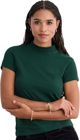 Fair Indigo Women's Organic Pima Cotton Short Sleeve Slim Fit Mock Neck Top in Kuwait