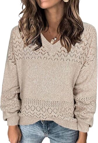Womens Oversized Lightweight V Neck Sweater Spring 2025 Outfits Crochet Knit Hollow Out Long Sleeve Pullover Tops in Kuwait
