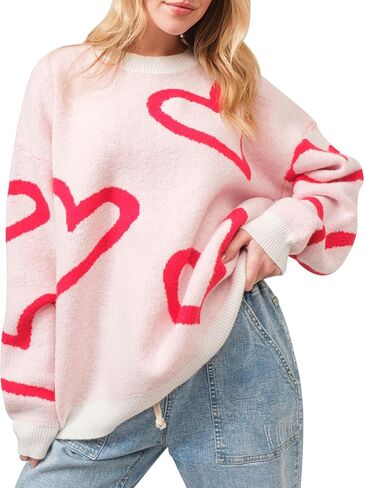 Women Heart Print Sweater Cute Love Graphic Long Sleeve Knitted Sweatshirt Oversized Shirt Top in Kuwait