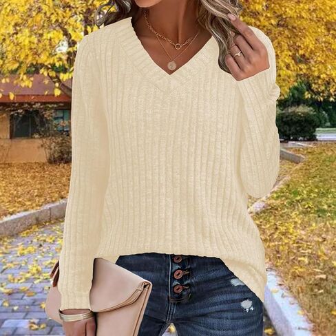Chic V-Neck Sweater for Women 2025 Lightweight Long Sleeve Knit Top Loose Fit Comfortable Blouse in Saudi Arabia