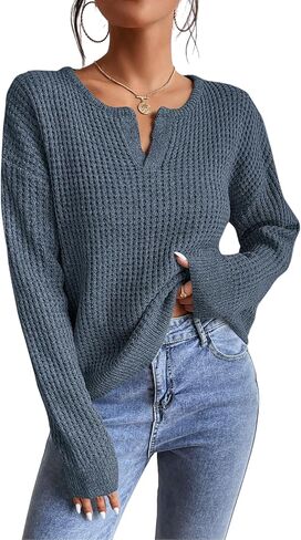 Sweaters for Women Trendy Pullover V Neck Lightweight Drop Shoulder Long Sleeve Sweater Dressy Casual in Kuwait