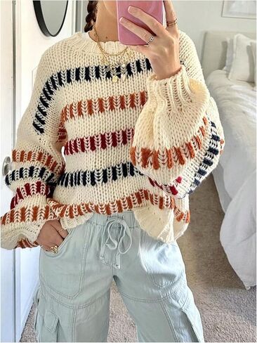 GORGLITTER Women's Striped Color Block Long Sleeve Oversized Sweater Top Fall Casual Chunky Knit Ugly Christmas Sweater in Saudi Arabia
