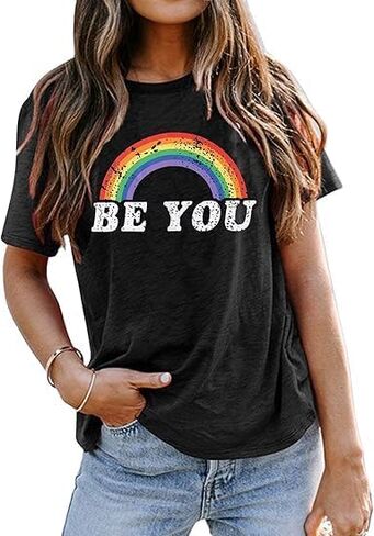 تي شيرت برسوم قوس قزح من Pride قميص قوس قزح للسيدات مطبوع عليه حروف كاجوال بأكمام قصيرة in Saudi Arabia