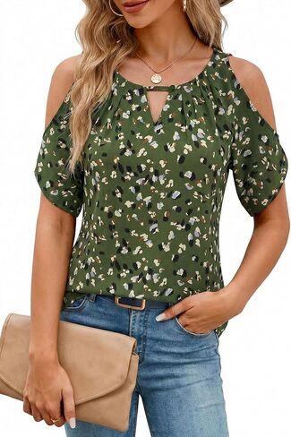 Angashion Women Cold Shoulder Tops Casual Summer Short Sleeve Crew Neck Dressy Work Blouses Dot Pints Chiffon Tunic Shirts in Saudi Arabia