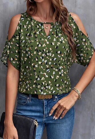 Angashion Women Cold Shoulder Tops Casual Summer Short Sleeve Crew Neck Dressy Work Blouses Dot Pints Chiffon Tunic Shirts in Saudi Arabia