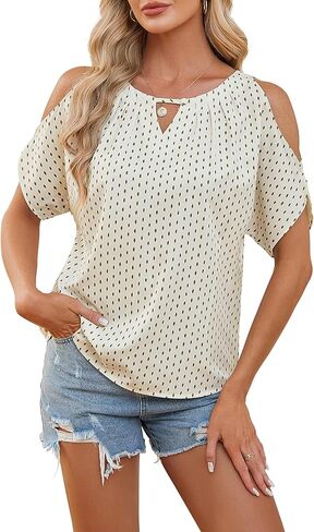 Angashion Women Cold Shoulder Tops Casual Summer Short Sleeve Crew Neck Dressy Work Blouses Dot Pints Chiffon Tunic Shirts in Saudi Arabia