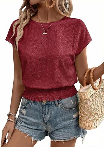 Elastic Waist Eyelet Tops for Women Summer Smocked Crewneck Short Sleeve Tee Crop Casual Plain T Shirts for Vocation Work in Saudi Arabia
