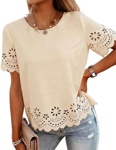 CHICME Women's Casual Summer Top 2026 Short Sleeve Round Neck Laser Cut Eyelet Scallop Trim Shirt for Vacation Daily Wear in Kuwait