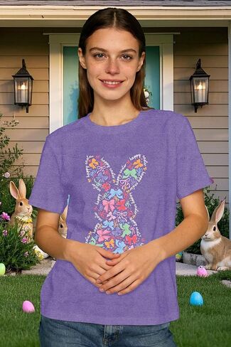 Women's Happy Easter Shirt Easter Day Bunny Bow T-Shirts Christian Rabbit Jesus Tee Tops in Saudi Arabia