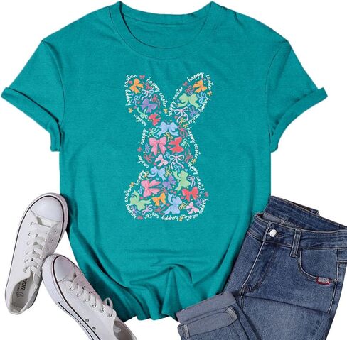 Women's Happy Easter Shirt Easter Day Bunny Bow T-Shirts Christian Rabbit Jesus Tee Tops in Saudi Arabia