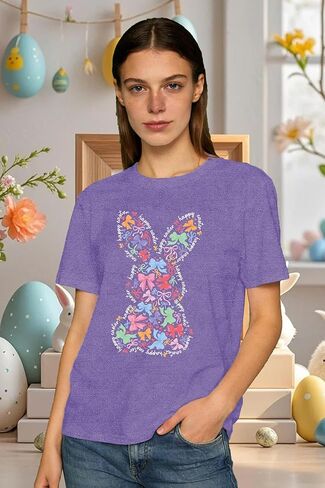 Women's Happy Easter Shirt Easter Day Bunny Bow T-Shirts Christian Rabbit Jesus Tee Tops in Saudi Arabia