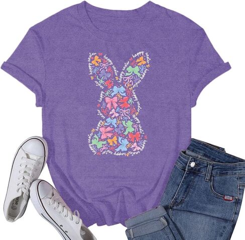 Women's Happy Easter Shirt Easter Day Bunny Bow T-Shirts Christian Rabbit Jesus Tee Tops in Saudi Arabia