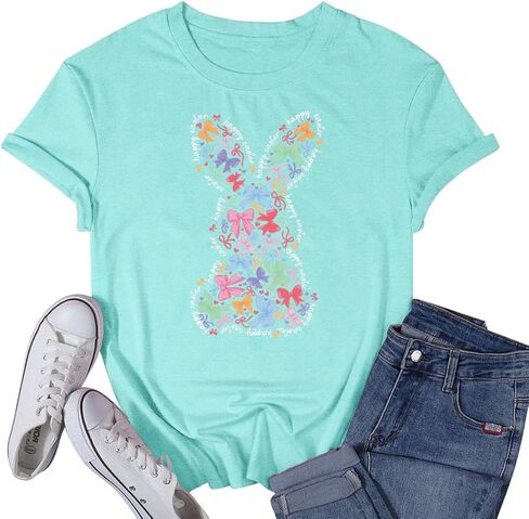 Women's Happy Easter Shirt Easter Day Bunny Bow T-Shirts Christian Rabbit Jesus Tee Tops in Saudi Arabia