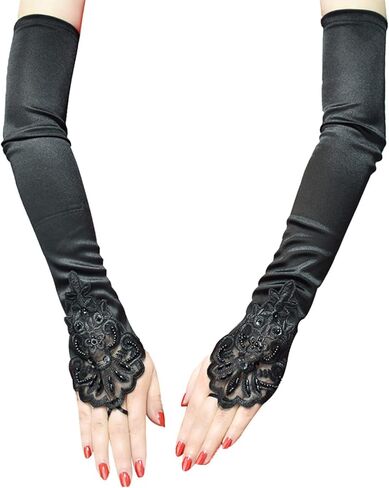 قفازات أصابع نسائية من COSFAN بخطاف من الساتان، قفازات طويلة للأوبرا المسائية، قفازات بطول الكوع الرجعية لحفلات العشرينيات من القرن العشرين in Kuwait