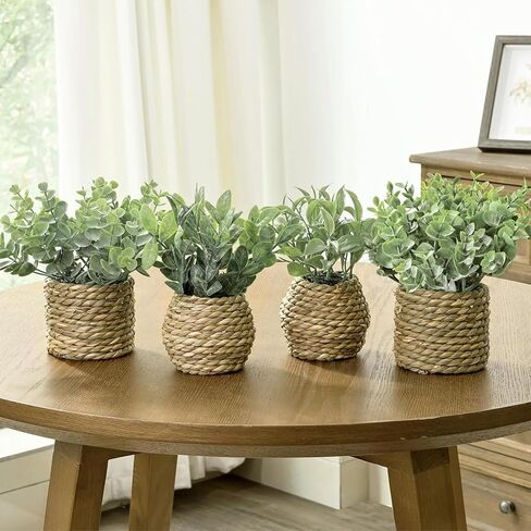 Artificial Potted Plants with Seagrass Handwoven Planters, Indoor Farmhouse Decorations, Eucalyptus Plant for Home Bathroom Office Shelf Tabletop Desk Room Decor or Gift (202450) in Saudi Arabia