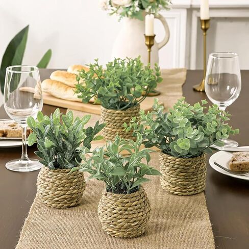 Artificial Potted Plants with Seagrass Handwoven Planters, Indoor Farmhouse Decorations, Eucalyptus Plant for Home Bathroom Office Shelf Tabletop Desk Room Decor or Gift (202450) in Saudi Arabia
