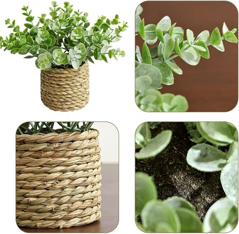 Artificial Potted Plants with Seagrass Handwoven Planters, Indoor Farmhouse Decorations, Eucalyptus Plant for Home Bathroom Office Shelf Tabletop Desk Room Decor or Gift (202450) in Saudi Arabia
