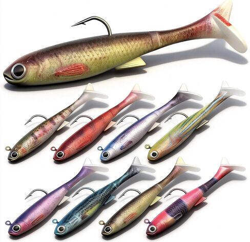 YOTO 8-Piece Pre-Rigged Soft Fishing Lures, Plastic Swimbaits for Bass and Walleye, Paddle Tail Jig Heads for Freshwater Saltwater, Ideal Gifts for Anglers in Kuwait