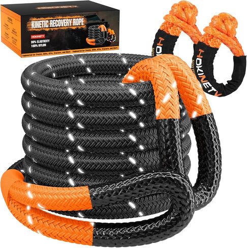 Kinetic Recovery Tow Rope - 1.26" x30FT 55000LBS Reflective Heavy Duty Snatch Strap Kit with Soft Shackles for Offroad Pulling Truck SUV UTV ATV Car Jeep - Black in Kuwait