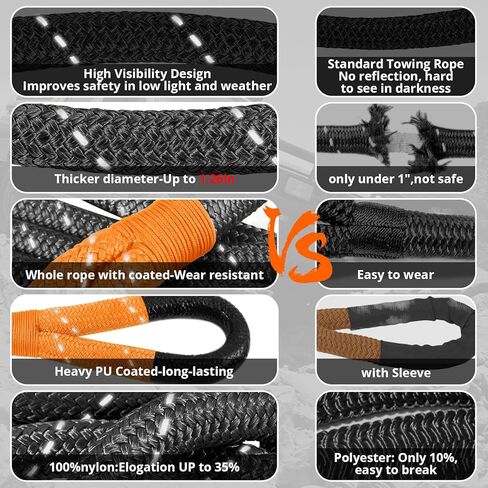 Kinetic Recovery Tow Rope - 1.26" x30FT 55000LBS Reflective Heavy Duty Snatch Strap Kit with Soft Shackles for Offroad Pulling Truck SUV UTV ATV Car Jeep - Black in Kuwait