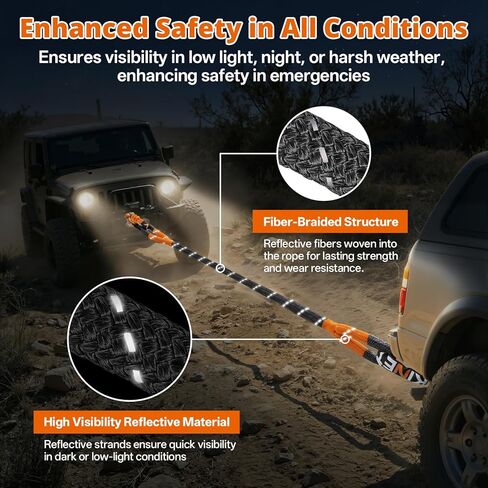 Kinetic Recovery Tow Rope - 1.26" x30FT 55000LBS Reflective Heavy Duty Snatch Strap Kit with Soft Shackles for Offroad Pulling Truck SUV UTV ATV Car Jeep - Black in Kuwait