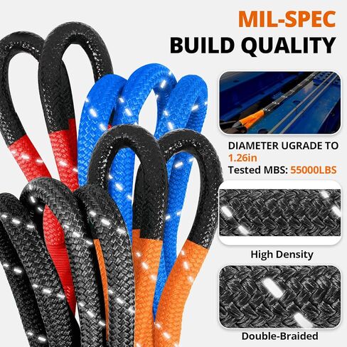 Kinetic Recovery Tow Rope - 1.26" x30FT 55000LBS Reflective Heavy Duty Snatch Strap Kit with Soft Shackles for Offroad Pulling Truck SUV UTV ATV Car Jeep - Black in Kuwait
