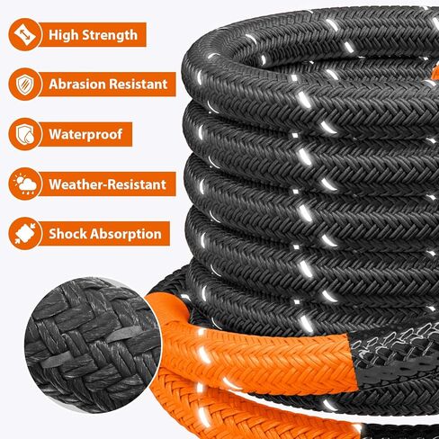 Kinetic Recovery Tow Rope - 1.26" x30FT 55000LBS Reflective Heavy Duty Snatch Strap Kit with Soft Shackles for Offroad Pulling Truck SUV UTV ATV Car Jeep - Black in Kuwait