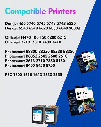94 Ink Cartridge Replacement for HP 94 Black Ink Cartridge Compatible for HP OfficeJet H470 100 150 DeskJet 5740 460 PSC 1610 1600 PhotoSmart B8330 Printer (2 Pack High Yield 94XL Black C8765WN) in Kuwait