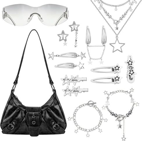 إكسسوارات Y2k للنساء، تتضمن المجموعة محفظة Y2k، ومشابك شعر على شكل نجمة فضية، وسوار على شكل نجمة، وقلادة Y2k ونظارات شمسية Y2k، وإكسسوارات الجرونج لمعظم الأشخاص in Kuwait