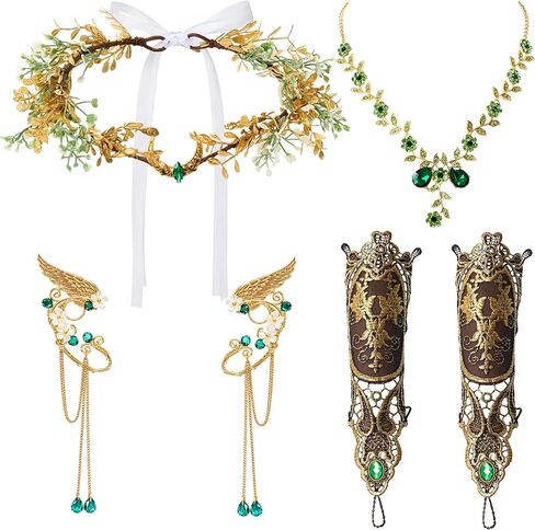 4 Pcs Green Fairy Elf Renaissance Accessories Set, Include Fairy Flower Moon Headpiece Elf Ear Cuffs Medieval Fingerless Gloves Emerald Green Necklace for Women Halloween Wedding Cosplay in Kuwait