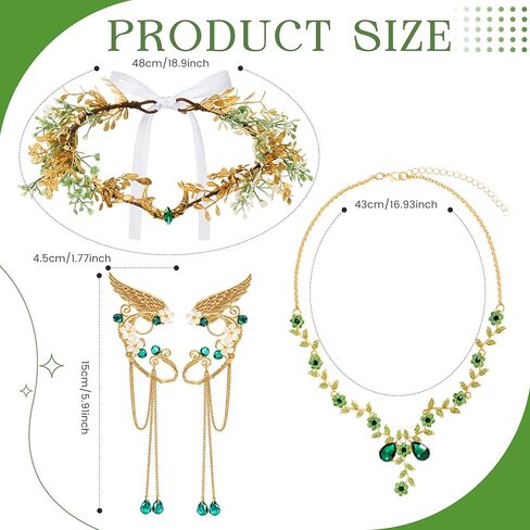 4 Pcs Green Fairy Elf Renaissance Accessories Set, Include Fairy Flower Moon Headpiece Elf Ear Cuffs Medieval Fingerless Gloves Emerald Green Necklace for Women Halloween Wedding Cosplay in Kuwait