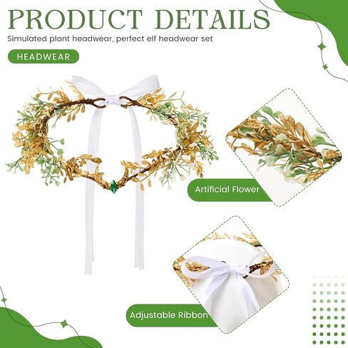 4 Pcs Green Fairy Elf Renaissance Accessories Set, Include Fairy Flower Moon Headpiece Elf Ear Cuffs Medieval Fingerless Gloves Emerald Green Necklace for Women Halloween Wedding Cosplay in Kuwait