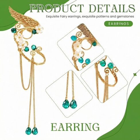 4 Pcs Green Fairy Elf Renaissance Accessories Set, Include Fairy Flower Moon Headpiece Elf Ear Cuffs Medieval Fingerless Gloves Emerald Green Necklace for Women Halloween Wedding Cosplay in Kuwait