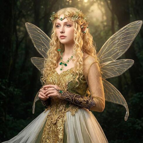 4 Pcs Green Fairy Elf Renaissance Accessories Set, Include Fairy Flower Moon Headpiece Elf Ear Cuffs Medieval Fingerless Gloves Emerald Green Necklace for Women Halloween Wedding Cosplay in Kuwait